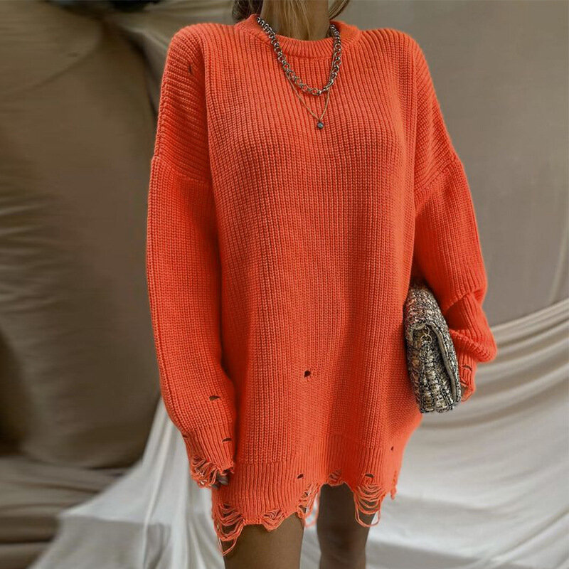 Женское трикотажное платье-свитер с круглым вырезом и длинным рукавом