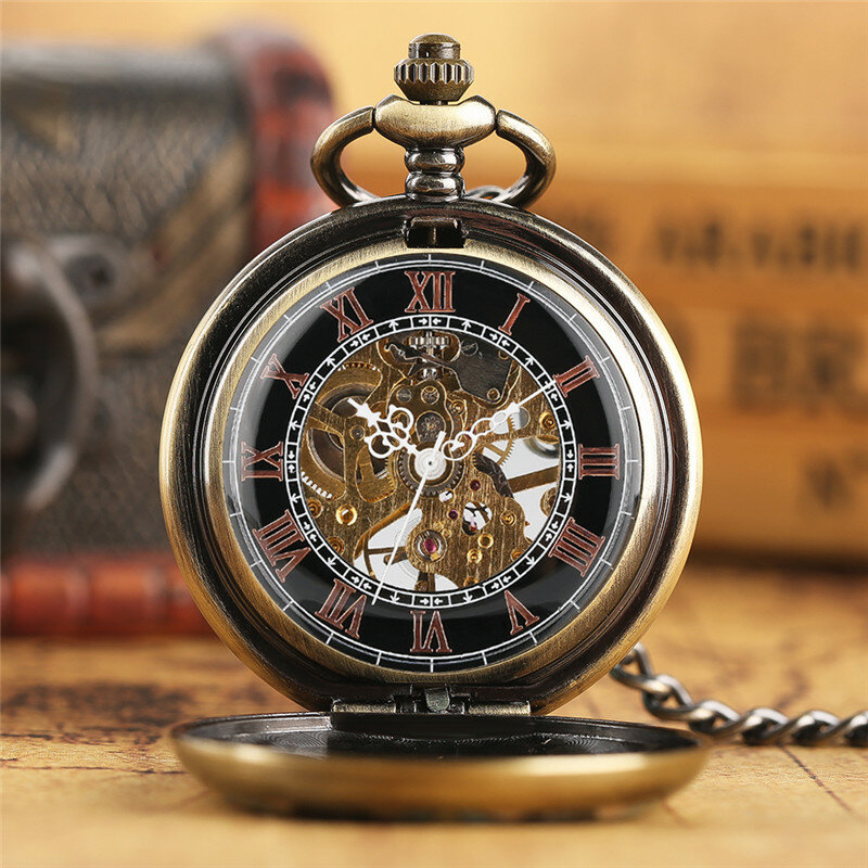 Steampunk bronze azul cristal flores relógio de bolso com mão enrolamento relógios mecânicos esqueleto pingente de corrente relógio reloj presente