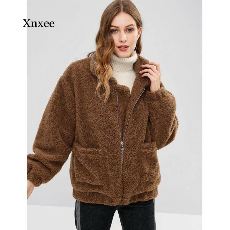 Manteau en fausse fourrure pour femme, veste en peluche à col rabattu, fermeture éclair, couleur unie, chaud, avec poche, hiver