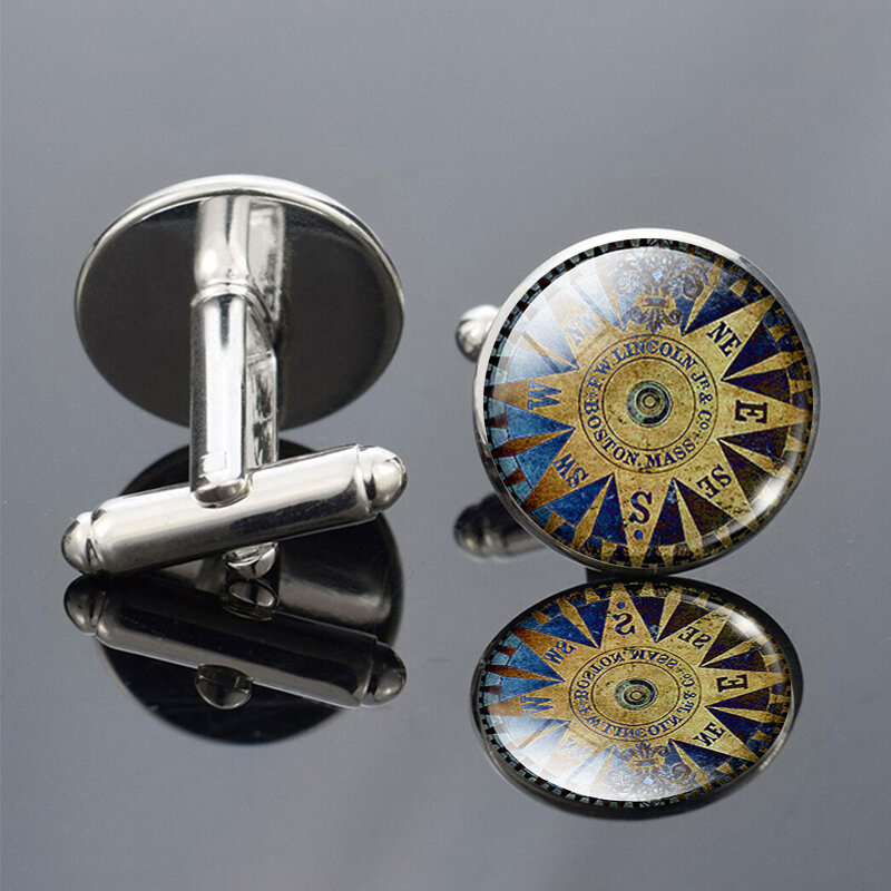 Manset cetak gambar kompas antik pria modis manset pernikahan hadiah Aksesori manset cocok untuk pria (bukan kompas asli)