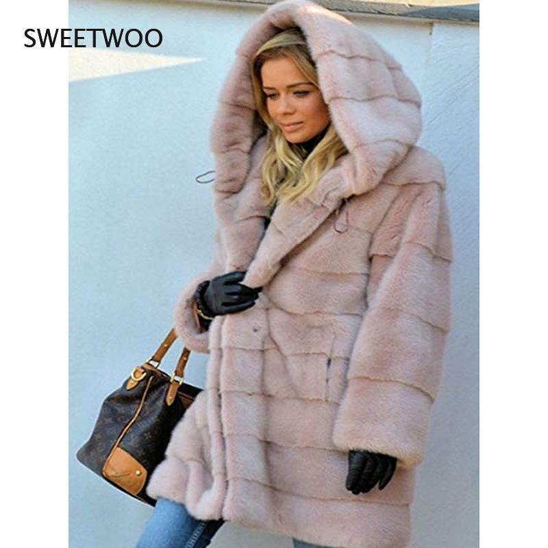 유럽 및 미국 중간 길이 단색 느슨한 플러시 후드 코트 인조 모피 가을 겨울 따뜻한 재킷