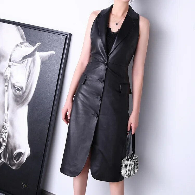 Factory New Arrival Women Fashion Hanging Neck Suit sleeveless Slim Single Breasted Dress