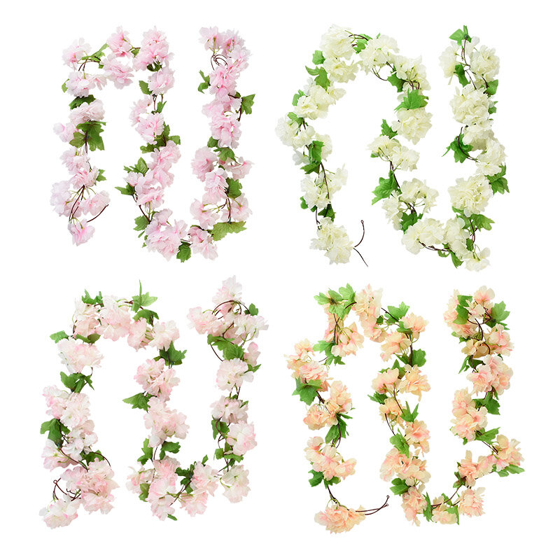 2.3M ดอกไม้ Garland ประดิษฐ์ดอกไม้ String กับใบ Silk Sakura Cherry Blossom Ivy Vine สำหรับบ้านสวนจัดงานแต่งงาน decor