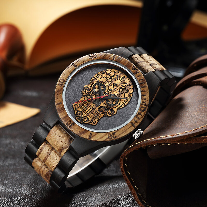 Reloj de madera con cabeza de calavera para hombre, cronógrafo con esqueleto grabado de México, Punk, Rock, de alta calidad
