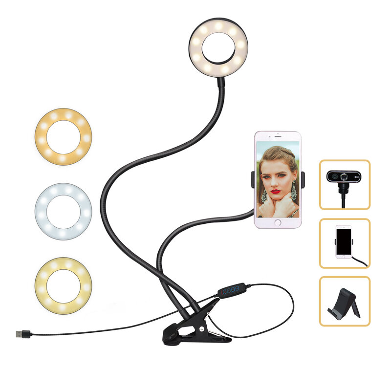Кронштейн для заполнения светильник для Мобильный телефон круговой с регулируемой яркостью двойного назначения лампы USB Трехцветная картина с зажимом на Цоколь
