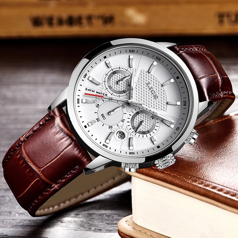 2023 New Mens Watches LIGE Top Brand Leather Chronograph Waterproof Sport Automatic Date Quartz Watch For Men Relogio Masculino