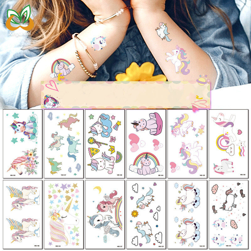 10 개/팩 만화 애니메이션 유니콘 문신 스티커 어린이 귀여운 인형 생일 파티 레인보우 포니 방수 스티커 크리스마스 장난감