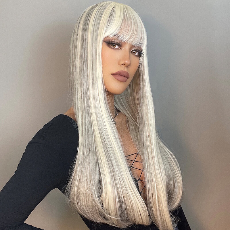 LOUIS FERRE Synthetic Long White Wigs with Bangs Cosplay Straight Wigs with Brown Highlight Natural Fake Hair for Black Women