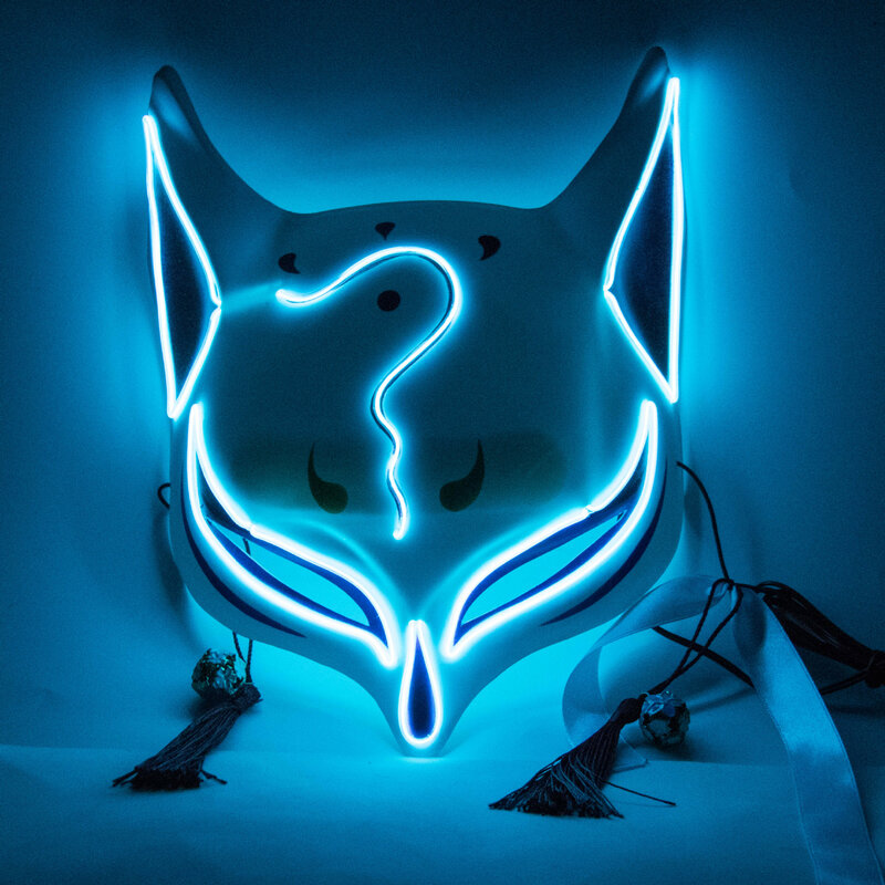Máscara de zorro LED para Cosplay japonés, máscara luminosa de fiesta de media cara, máscaras de zorro de PVC, máscara de gato con luces, casco sin batería
