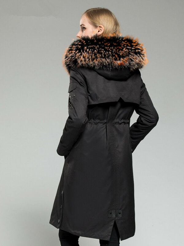 Abrigo largo de piel auténtica para mujer, Parka cálida con forro de piel de conejo, cuello de piel de mapache, MY4368