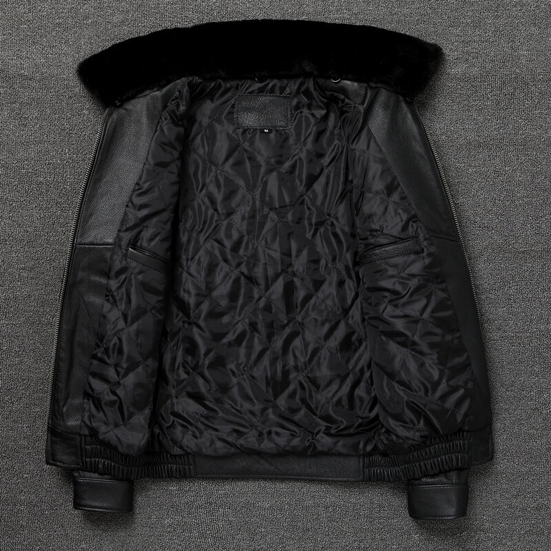 남자 A2 폭격기 재킷 클래식 스타일 특대 모피 칼라 비행 코트 정품 가죽 재킷 추가 따뜻한 코튼