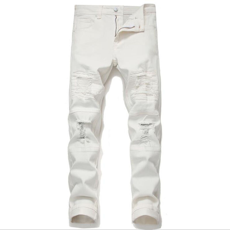2021 męskie Stretch Skinny białe dżinsy Hombre moda Denim spodnie męskie Hip hop wiosna jesień porwane jeansy spodnie bawełniane