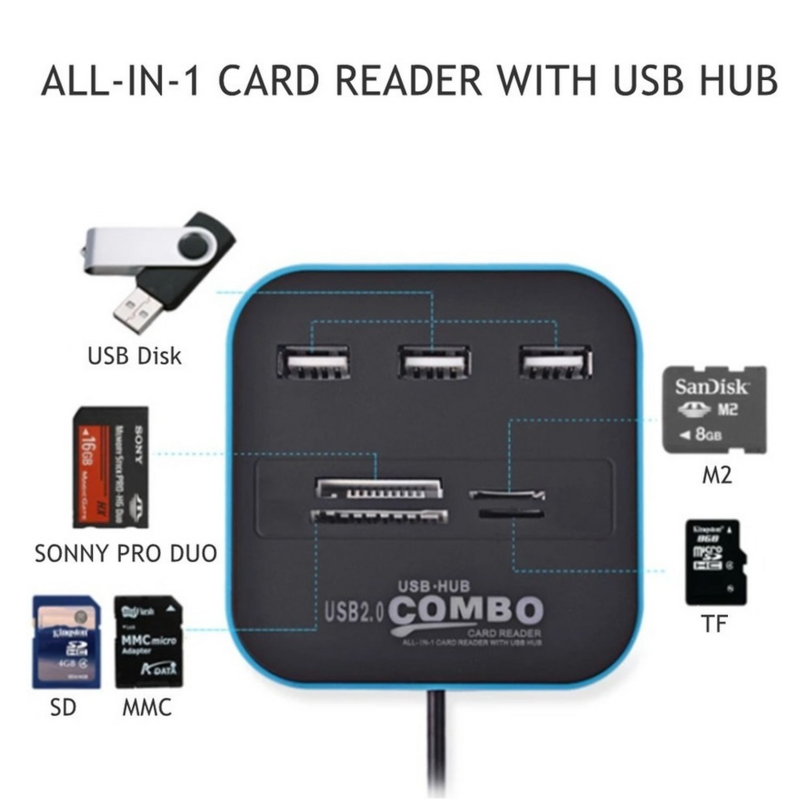 PzzPss-3 Portas Hub Combo para Laptop, Leitor de Cartão Micro, SD, TF USB Splitter, Acessórios de Computador, Tudo em Um, USB 2.0