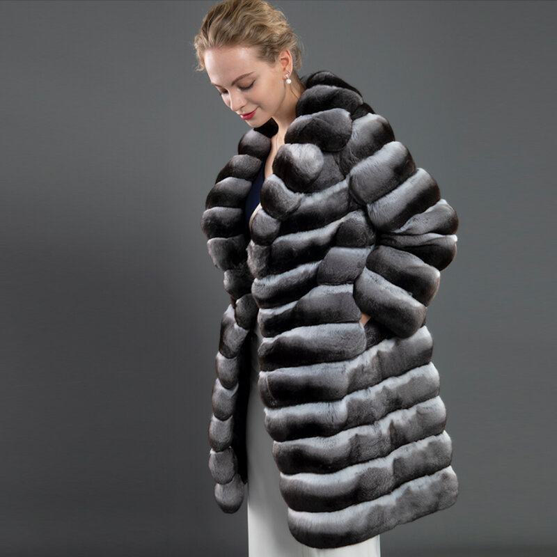 Ravissant manteau en fourrure naturelle de lapin Rex pour femme, veste d'hiver, vêtements d'extérieur à la mode, pardessus à col, 85 cm de Long
