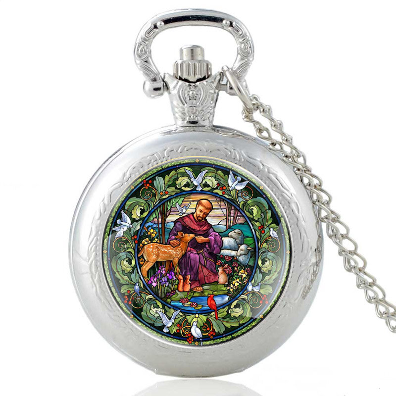 St. Francis와 하나님의 창조 디자인 실버 빈티지 쿼츠 회중 시계 펜던트 시계 시계 매력 남자 여자 목걸이 선물
