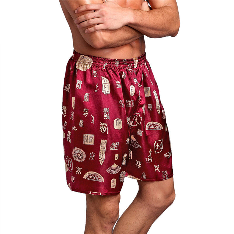 Pijama cetim de seda masculino, pijama casual, shorts boxer soltos, bottoms do sono, calças de pijama, shorts boxer