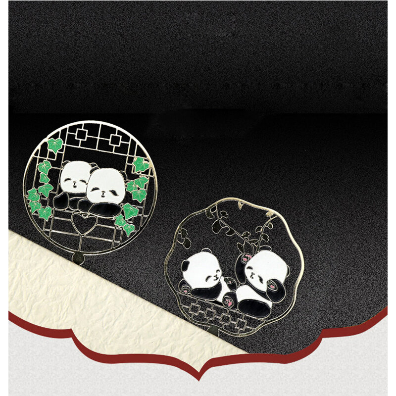 EZONE Brass Metal Bookmark Chinese Style Panda Creative Hollow out Circular Fan Shape Bookmark Student School Office FriendGifts