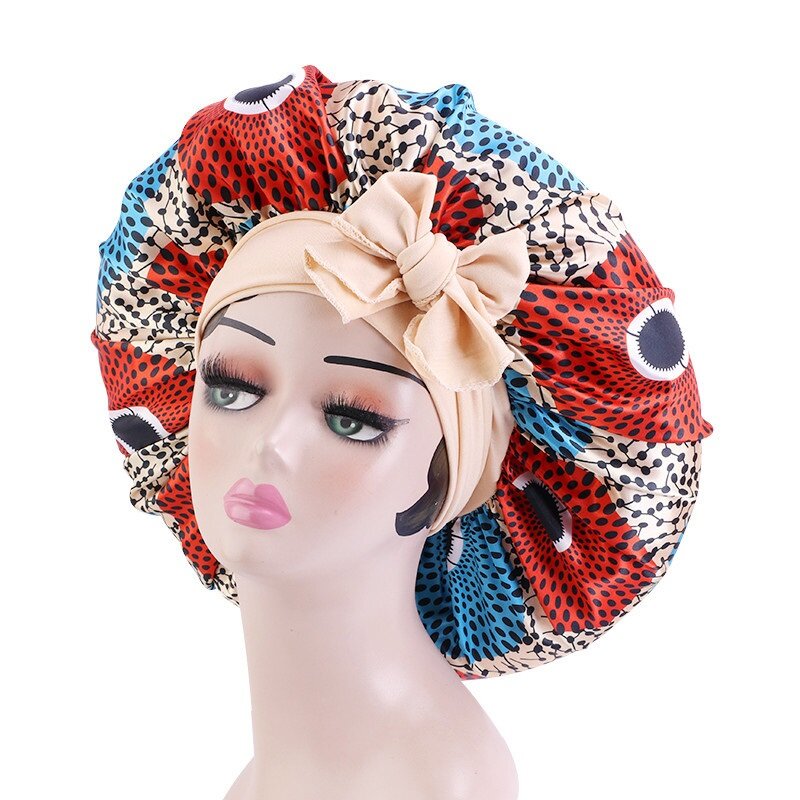 Elastic Band Large Satin Bonnet Sleeping Cap Women African Pattern Ankara Print Hat Adjustable Night Sleep Cap Soft Headcover
