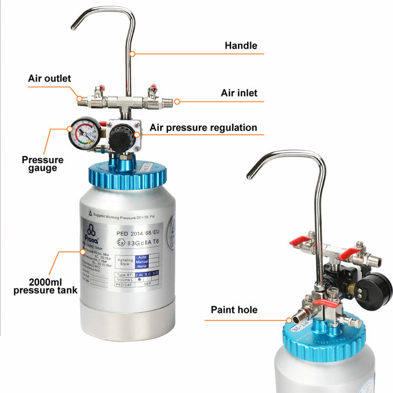 Prona RT-2E pneumatyczny zbiornik ciśnieniowy, pojemność 2 litrów, zbiornik z materiału aluminiowego, zbiornik farby 0.3Mpa maksymalne ciśnienie, mieszalnik farb, zbiornik 2L