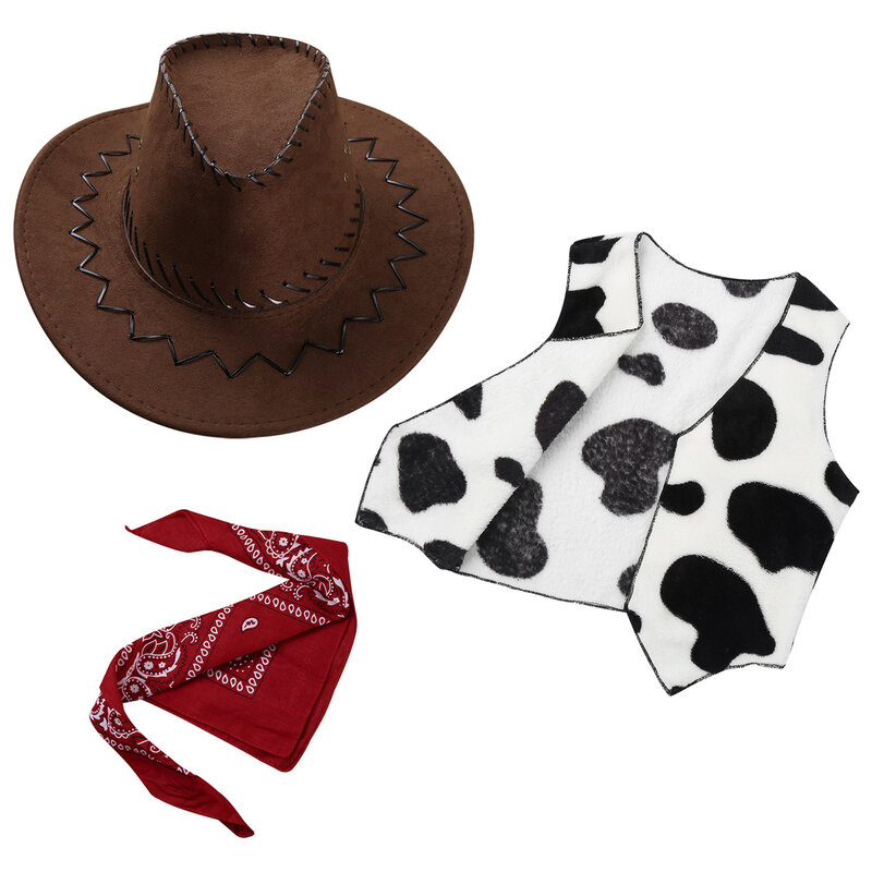 Kids' Western Cowboy sentiu chapéu e bandana lenços, vaqueira flanela vaca impressão colete, tops conjunto para o Halloween, trajes cosplay