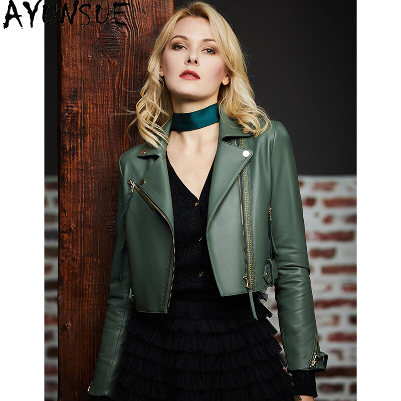 AYUNSUE-진품 가죽 자켓 여성용, 패션, 오토바이 코트, 양피 코트, 그린, 한국 여성 의류, 2021 LW4843