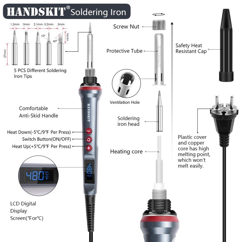 Handskit 90W Digital Electrical Soldering Iron kit Thermal Control Soldering Iron with 4 Wire Core and 5 Tip Welding Tools EU US
