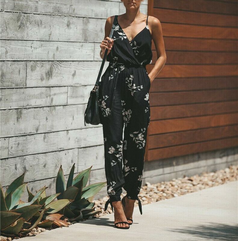 Casual Women Floral Sleeveless Deep V-Neck Loose Sling Jumpsuit Pencil Pants Drawstring Pants Summer Rompers Overalls S-2XL