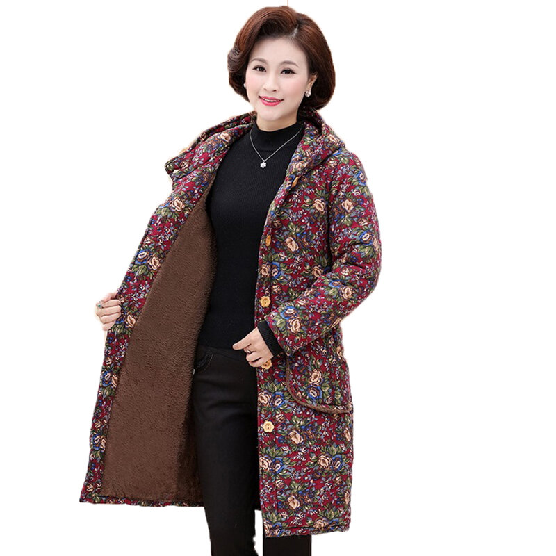 女性と高齢者のための厚手の暖かい綿のジャケット,レトロなシングルブレストのフード付きジャケット,パーカアウター6xl,2022