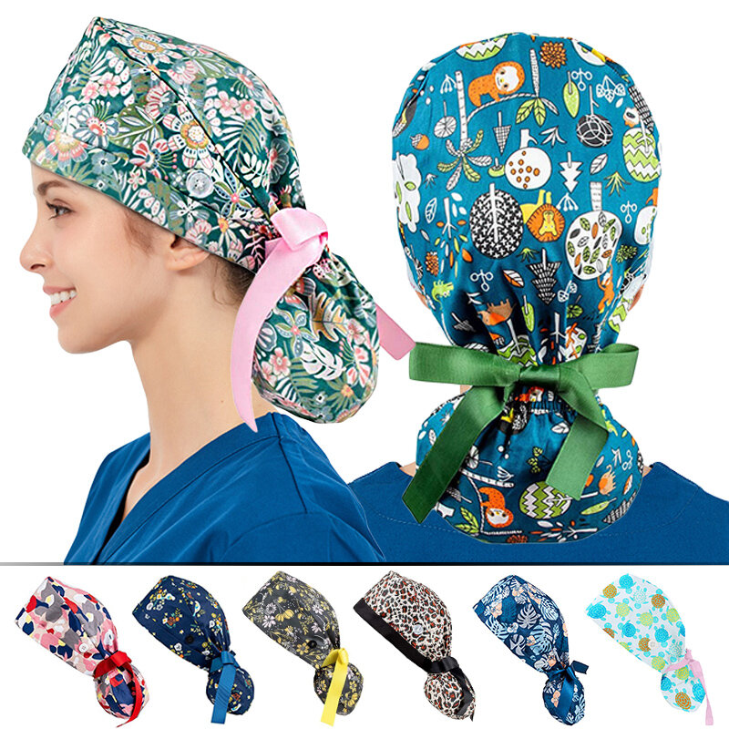 Chapéu Bouffant De Algodão Ajustável, Suor-Absorvente Elastic Nurse Hat, Longhair Scrubs Chapéus, Multicolor Scrubs