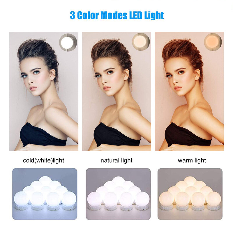 LED المهنية مرآة لوضع مساحيق التجميل مصابيح كهربائية الخلفية مرآة USB عكس الضوء الجدول مرآة مع ضوء 3 ألوان هوليوود الغرور أضواء