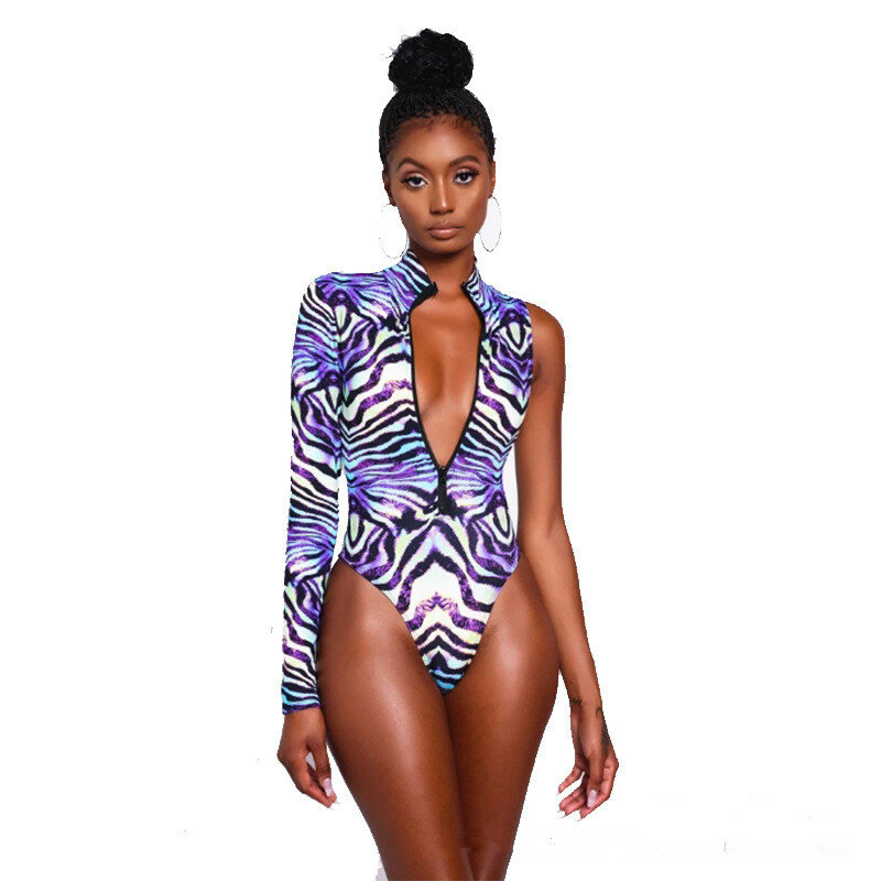 BKLD Frauen Sexy Outfits 2021 Neue Striped Leopard Druck Einem Stück Overalls Langarm Eine Schulter Zipper Body Sommer Strand