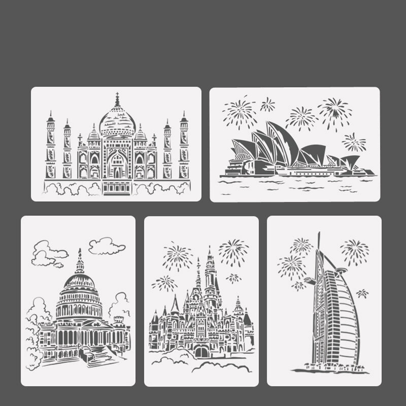 Plantillas de pintura huecas de la serie de arquitectura creativa A4, plantilla de dibujo de regla de encaje para decoraciones de álbum de recortes Diy