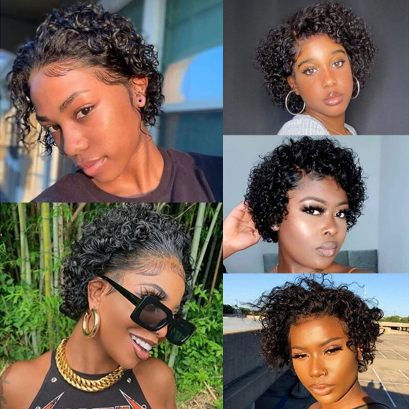 Peluca de cabello humano brasileño para mujeres negras, Pelo Corto con corte Pixie, encaje transparente, 13x1, prearrancado, barato, Remy