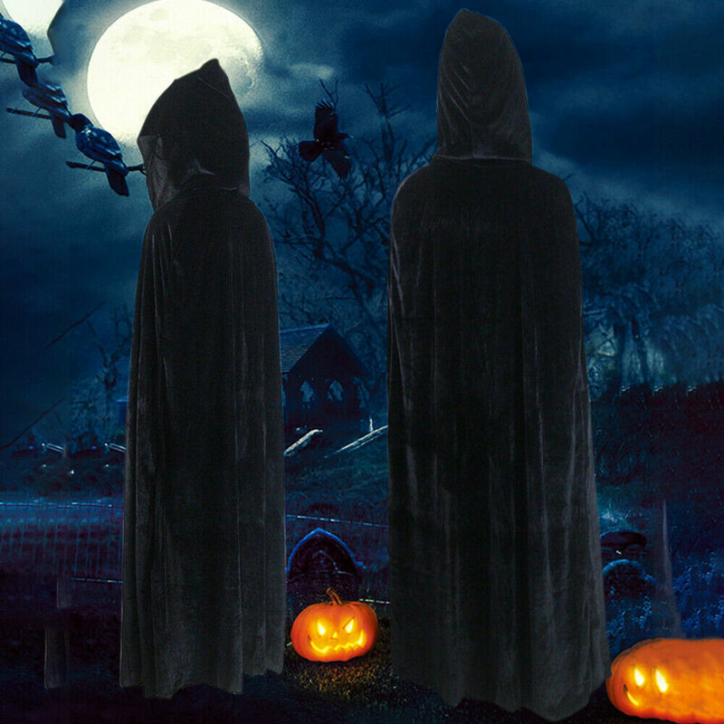 Adulto Halloween velluto mantello mantello con cappuccio Costume medievale strega Wicca vampiro Costume di Halloween abito a figura intera cappotti 5 colori