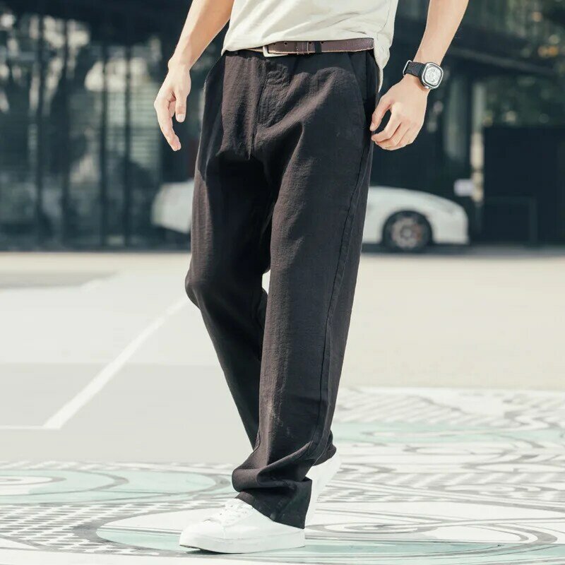 Мужские прямые эластичные брюки, Свободные повседневные дышащие летние однотонные спортивные штаны, удобные тонкие черные брюки