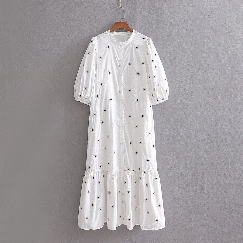 Puff Sleeve Midi Women Dresses Vintage Polka Dot Dress White Cotton Floral Embroidery Summer Dress Casual Party Vestidos