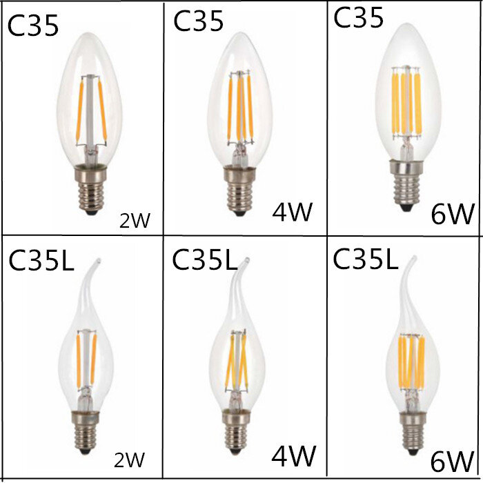 10PCS หลอดไฟ LED C35 E14 E12 E27 220V 110V 2W 4W 6W ออกแบบประหยัดพลังงานเทียน Filament Warm White Light 360องศาโคมไฟ