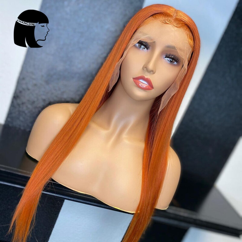 Pelucas de cabello humano con encaje frontal para mujer, sin pegamento brasileño pelo liso, color Naranja jengibre, 13x6, prearrancado