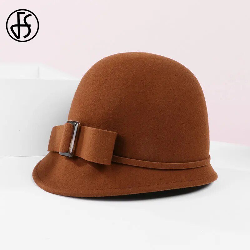 FS Vintage Black Wool Felt Cloche หมวก Bowknot หมวกปีกกว้างฤดูหนาว Fedoras สุภาพสตรีสีเหลือง Floppy Derby หมวกหมวก