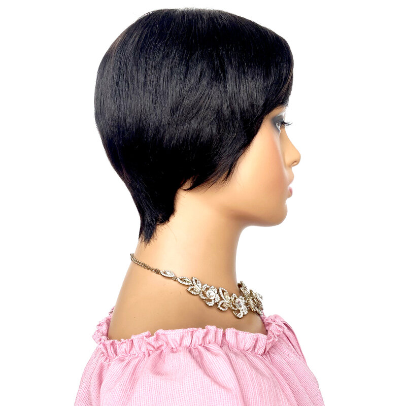 Pelucas de corte Pixie para mujeres negras, cabello humano corto con flequillo, recto, brasileño, Remy, barato