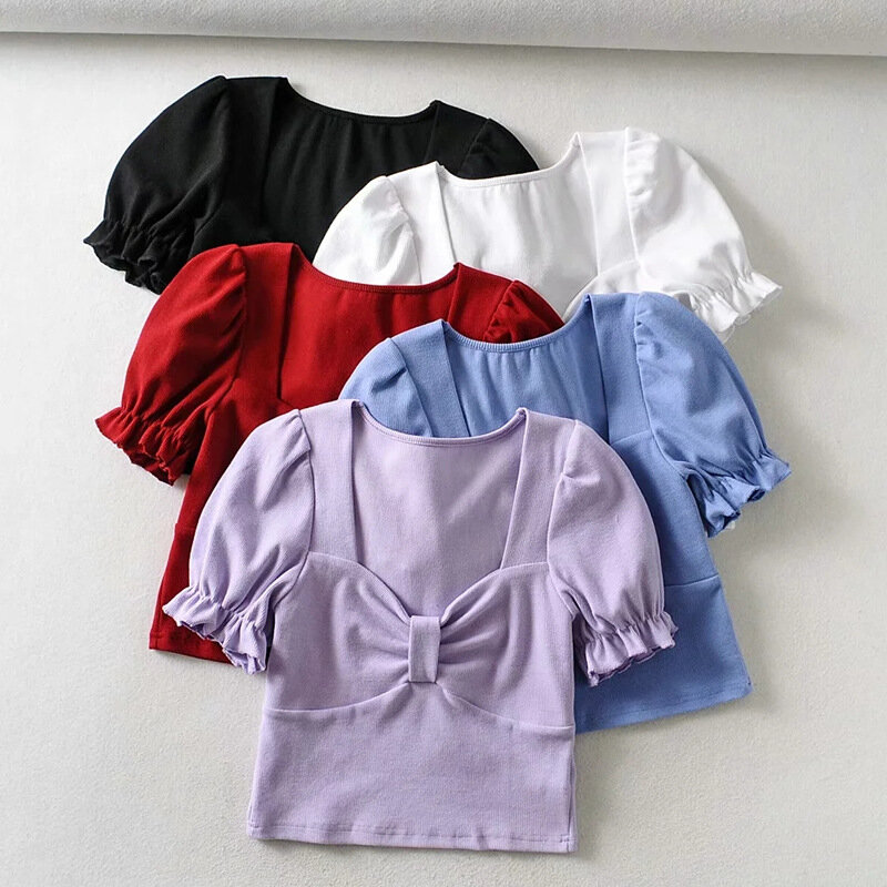 Shesmosmoda vintage malha estilo francês gola quadrada camiseta feminina manga curta sopro