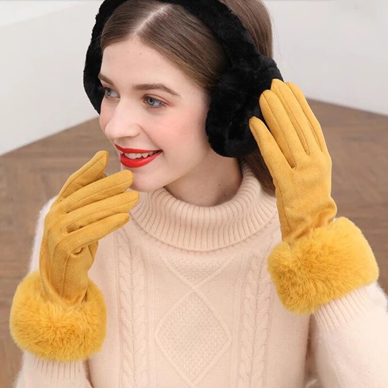 Guante de piel sintética de gamuza para mujer, manopla de invierno con pantalla táctil, felpa gruesa bordada, de dedo completo, H92