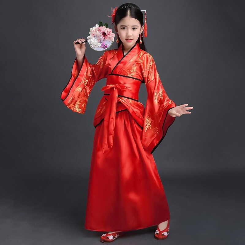 Ancient Chinese Dress Girls Children Kimono Traditional Ethnic Fan Students Chorus Dance Costume Japanese Yukata Kimono Style
