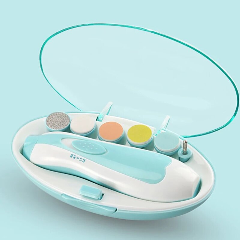 Pulidor eléctrico de uñas azul para bebés, cortaúñas eléctrico para bebés, juego de manicura, Kit de cuidado para bebés y recién nacidos, 6 piezas