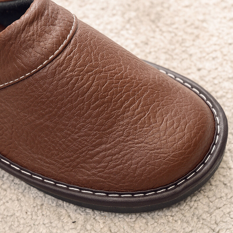 Мужские кожаные домашние тапочки унисекс, модельные Слиперы на плоской подошве с круглым носком, 2022