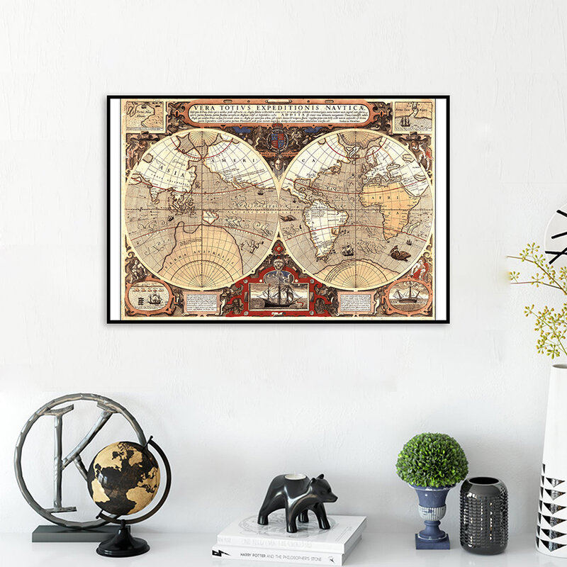 75*50cm The World Map Vintage Canvas Painting Medieval Latin Wall Art Poster School Supplies Living Room Home Decoration