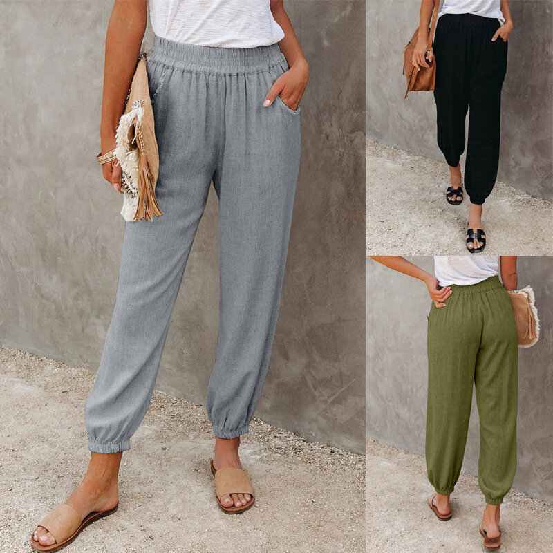 Women Sport Jogging Pants Loose Solid Color All-Match Sports Style Elastic Casual Fashion Comfortable Pocket Summer Street Wear