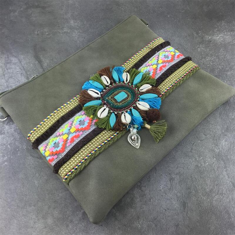 women hippie Bohemian handbag Lace tassel beading Embroidery bag shoulder bag handmade Cotton Bag national ethnic Shell bags
