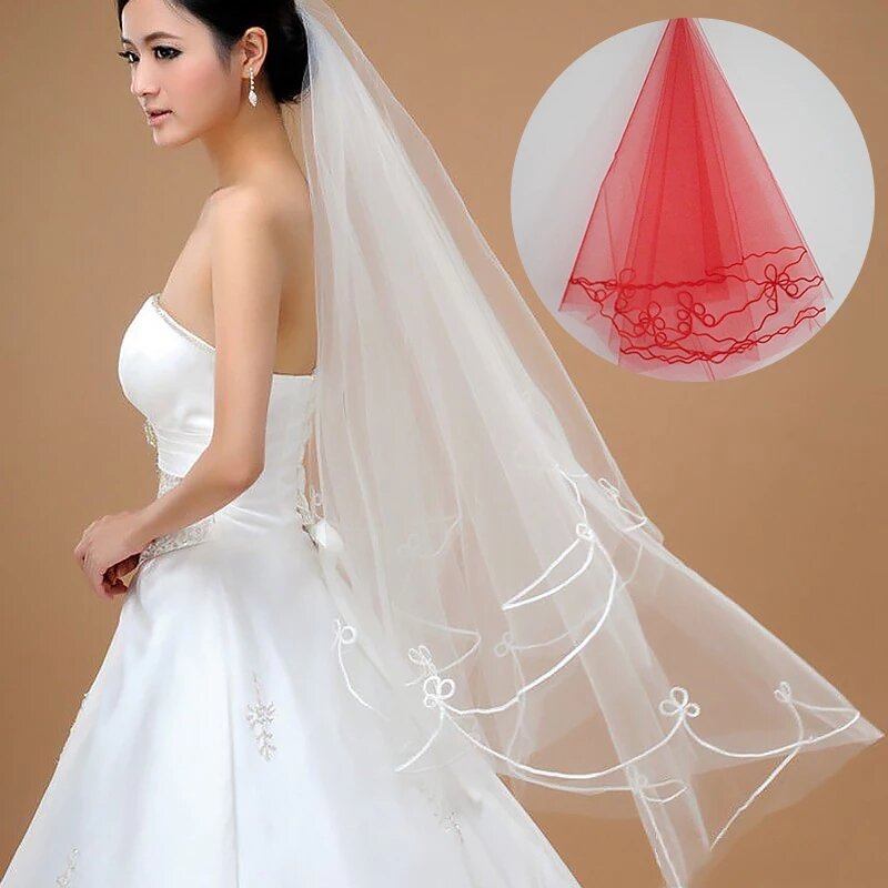 Applique Patchwork Trim Wavy Solid Color Bridal Veil Single Layer Women Short Sheer Mesh Tulle Wedding Veil White Red