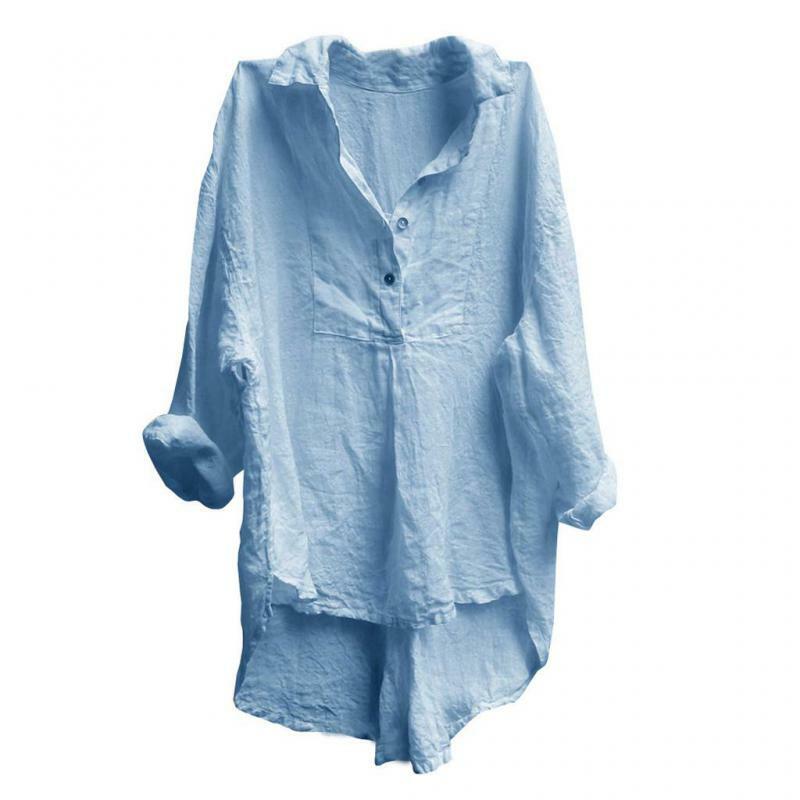 Tops y blusas informales para mujer, ropa de exterior de Color puro, cuello vuelto, manga larga, talla grande, camisa con dobladillo Irregular